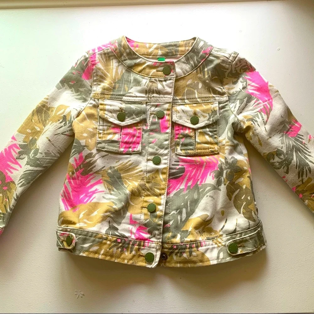 United Colors of Benetton Girls Tropical Print Denim Jacket – Size 3T